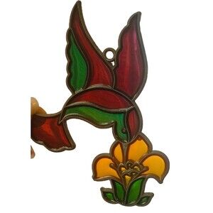 Stained Glass Humming Bird Over the Flower Hanging Bird Decoration VTG